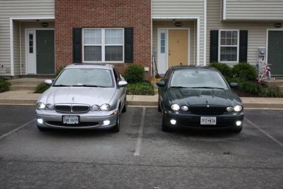 Our cars, side by side, HIDs top and bottom, along with LED running lights.  Of note, I am using a 285K MCD 10MM bulb where Nav is using a store bought LED bulb. Both LED bulb colors are rated at 7000K.  Nav's HID lights are 5000K, mine are 6000K.