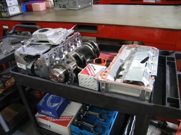 So, here is the engine in all of its component pieces.  I would love to take credit for it but, Turnkey Engines in Oceanside California built it for me.  We met several time throughout the process, i provided specs and goals for the engine, and they handled the specialty machining, powdercoating, final assembly, and dyno testing and tuning.  A great group of guys to work with!