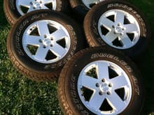 2012 JK Sahara 18inch wheels &amp; tires -- 4 tires have 8000 miles on them and 1 is brand new... All rims have NO scratches and are super clean. Looking for $175 each...  Only package deal please.