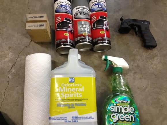 My tools for the job. nice $2.50 spray gun head for spray cans, Primer, x2 cans of BedLiner, 180 grit sand paper, Mineral Spirits instead of alcohol to clean oils off, Simple Green for getting mud and dirts off.
