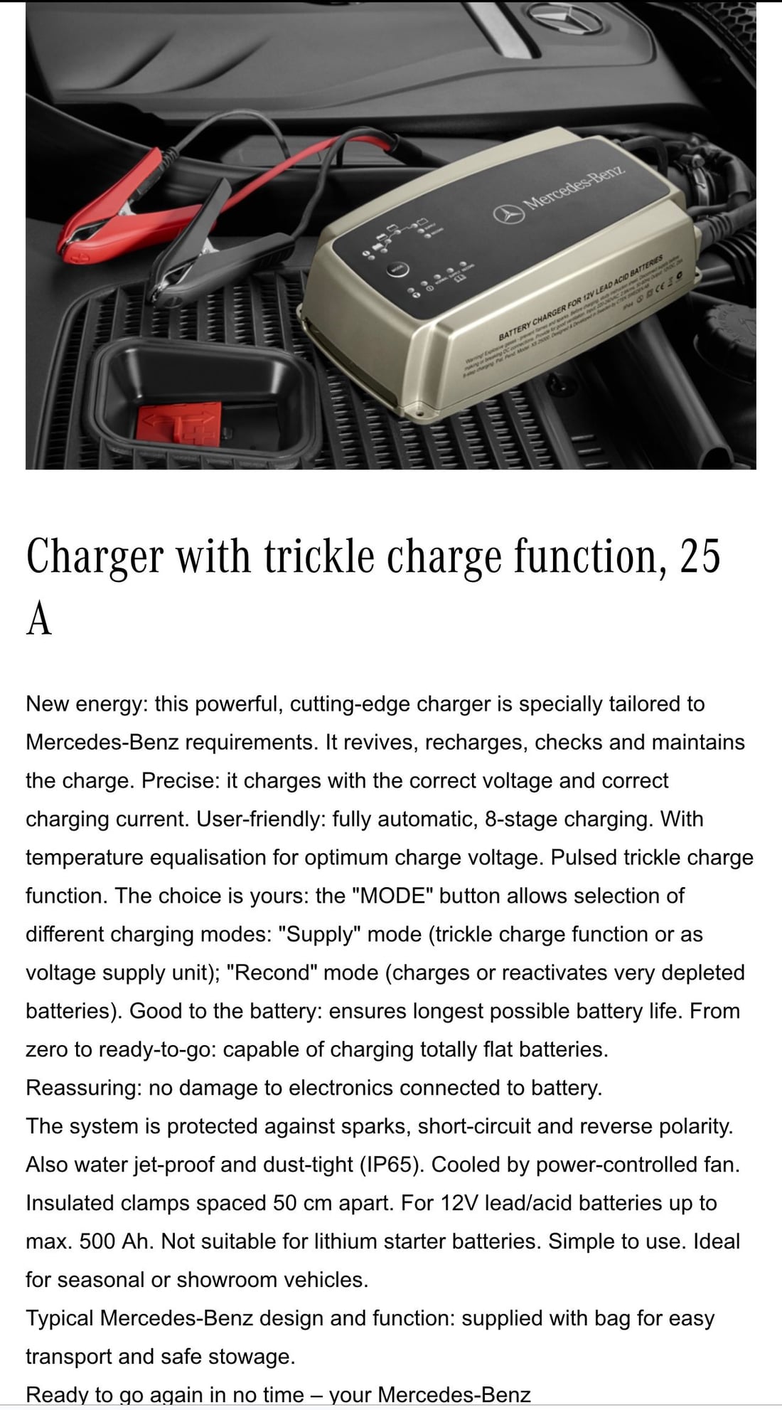 Charger with trickle charge function, 25 A, 2021 E 350 Sedan