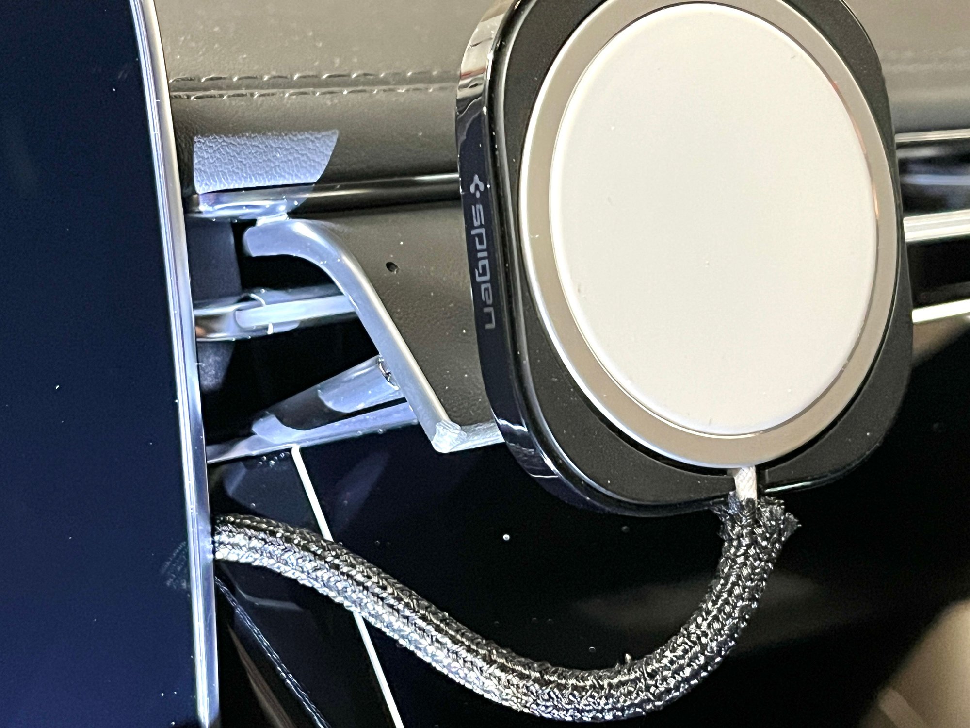Modified top corner trim allows mount to be shifted as far as possible to the left.