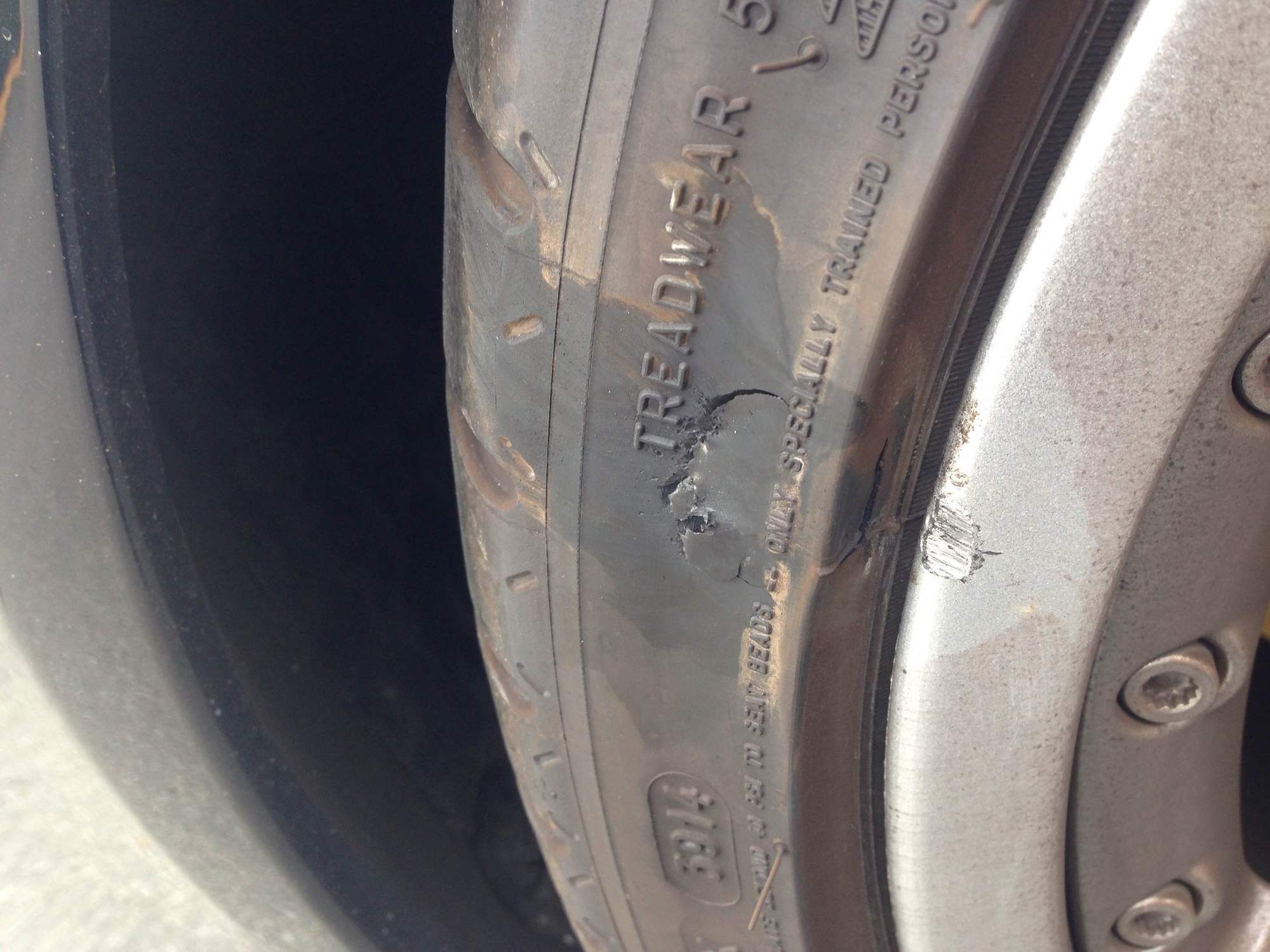 Found small tire damage on sidewall, severe enough not to drive on