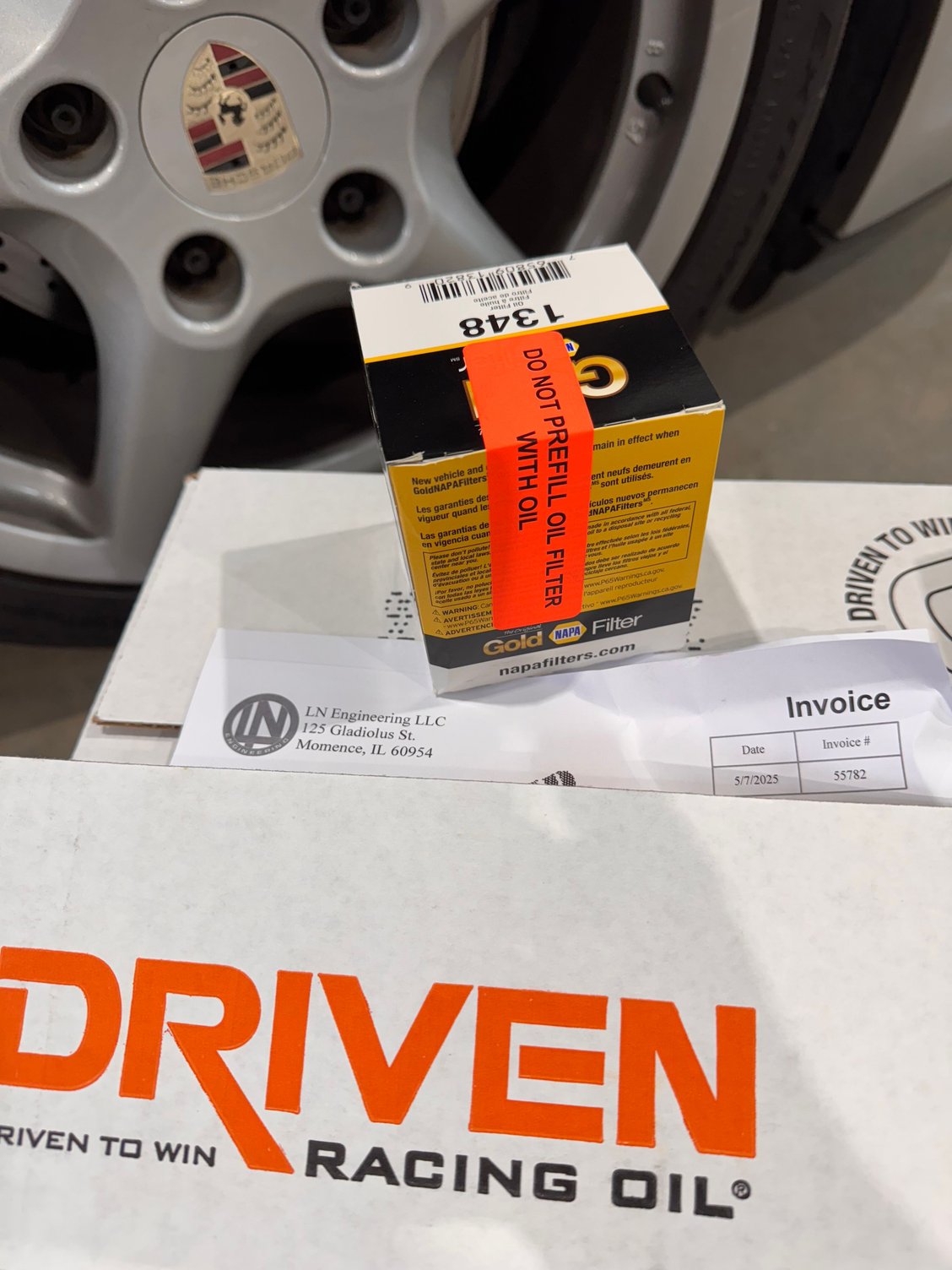 Oil change kit from LN engineering for my 911. Note the tag on the filter box.