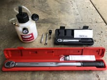 Tools: Motive bleeder, M-B wheel centering tool, M-B wheel lock, 11mm combination wrench, 11mm 1/4" socket, Tacklife torque wrench, Tekton torque wrench.