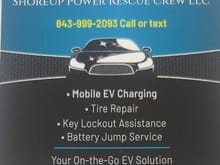 We are the only mobile Ev Charging company in the area. If you’re out of power, give us a call 843-999-2093. And will get you back on the road for your travels. We also do basic roadside assistance.