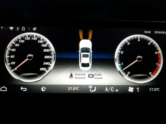Real time KMPH (can't switch to MPH), headlight, seat belt, brake, and RPM. 