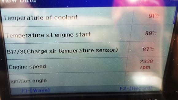This is the hot reading after a spirited run down the highway.  Charge air temp seems exceedingly high - almost as hot as the engine and coolant temps.    Im guessing The engine and coolant temps are in the okay range. 