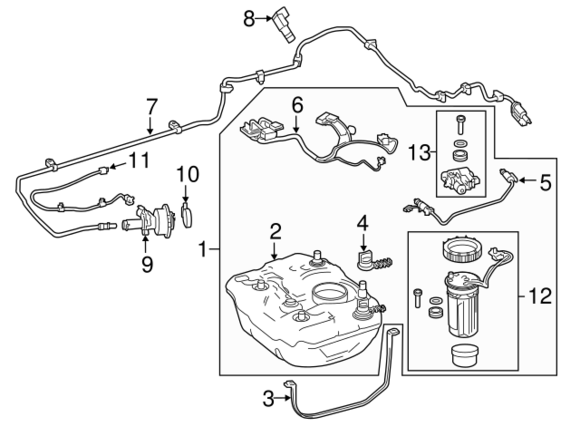 #12 is the repair kit, which is a new sensor, pre-heater and pump, all installed INSIDE the AdBlue tank (item #2)
