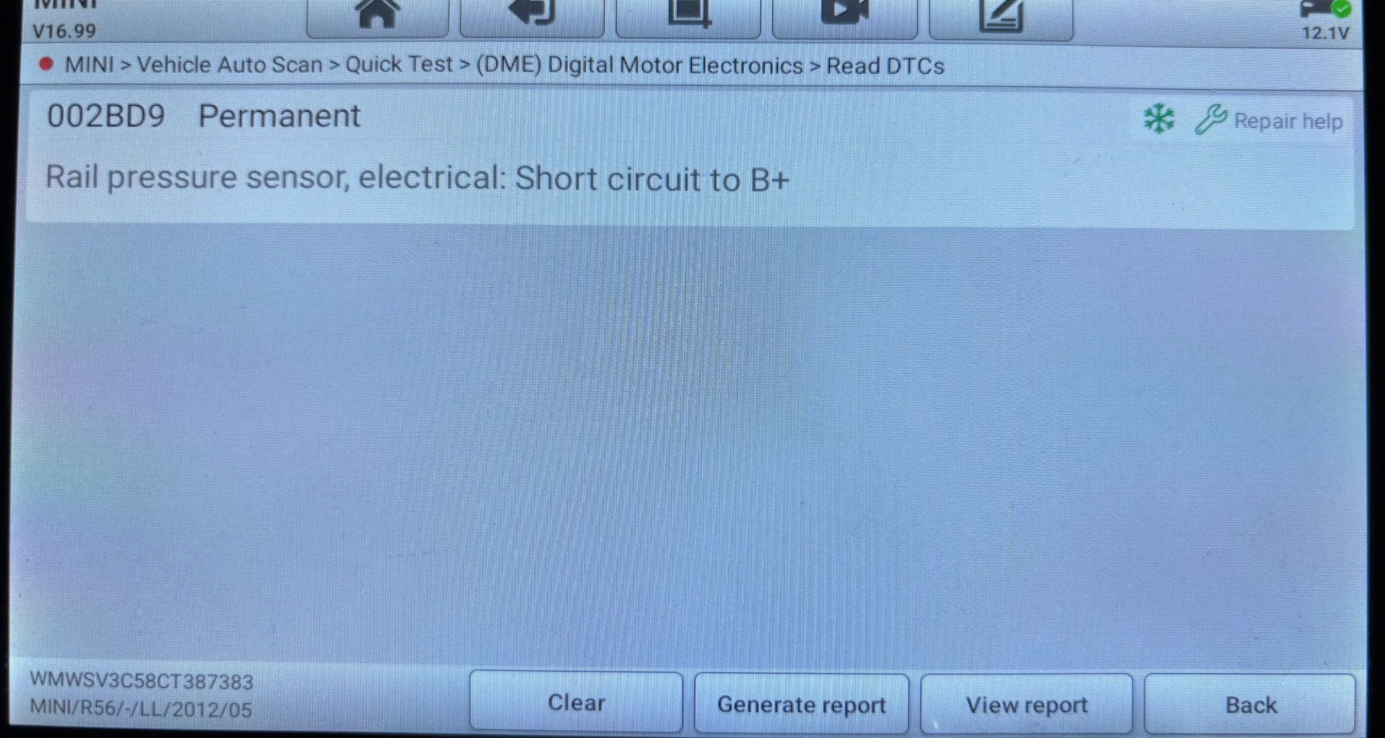 Cleared codes and tried start. Crank but no start. Ran scanner and code popped up. 