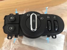 Euro switch - <$40 delivered from ebay UK.  Note that it doesn't attach by the holes, but by the clips (blue arrows) which must be pried out of the panel.