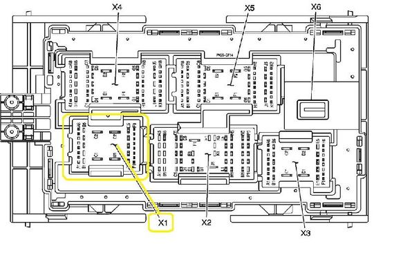 Diagram of underhood fuse block (bottom view)