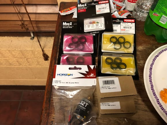 First of parts to arrive. 4 sets of MiniZ tires. Miniz springs. 3 1s Lipo for Jomurema. 1/18 brushed motor that hopefully will work in the Axial.  