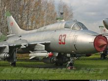 Su-17M3 with wings full aft, bare metal, at Monino Air Museum.