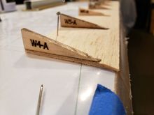 Hard to see, but the trailing edge balsa is sanded to the same slope as the top of the ribs to facilitate adding the top sheeting.