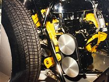 Moving along, Moon style hubcaps turned from 8 inch slabs of aluminum bar. The three intake runners welded up from 1/4” aluminum plate, as well as the large, aluminum plenum sitting on top. Totally polished to finish.