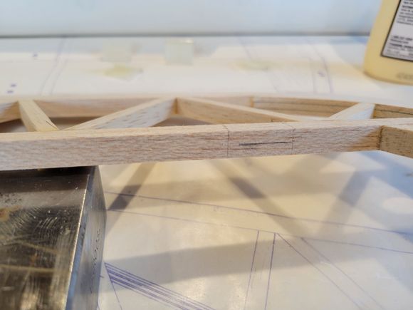 Ready to start to hinge the elevators to the stabilizer.  First step is to find the centerline of the stock and mark it with a pencil.  The two faint vertical lines is where the hinge goes.