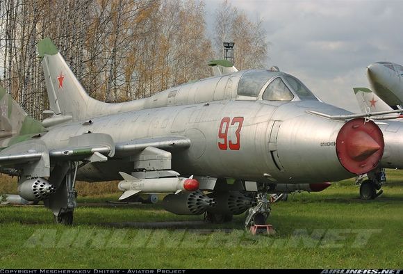 Su-17M3 with wings full aft, bare metal, at Monino Air Museum.