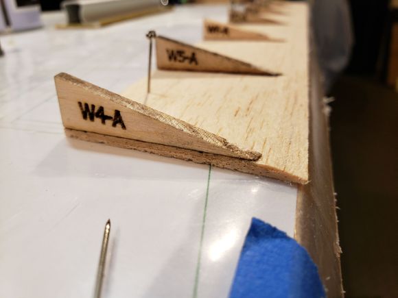 Hard to see, but the trailing edge balsa is sanded to the same slope as the top of the ribs to facilitate adding the top sheeting.