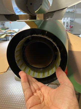 Checkfit for size. There is an air gap between the outer pipe and the inside of this new exhaust nozzle part. Same with another air gap between the fuselage wall and the new nozzle. I think this should provide enough cooling without the nozzle having a meltdown. One way to find out!...