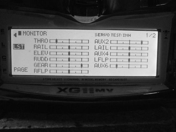 Photo #1 MONITOR menu screen showing the paired aileron (RAIL, LAIL) and flap (RFLP, LFLP) channels