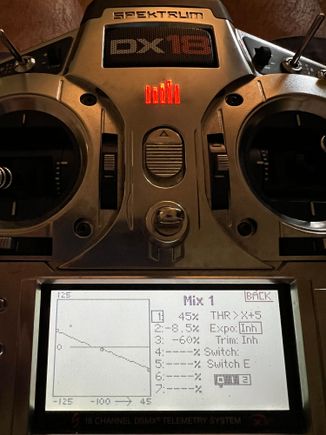 Here you see my nice linear curve and the associated numbers.  I have assigned the mix activation to Switch E to allow throttle stick movement with activating the mix.