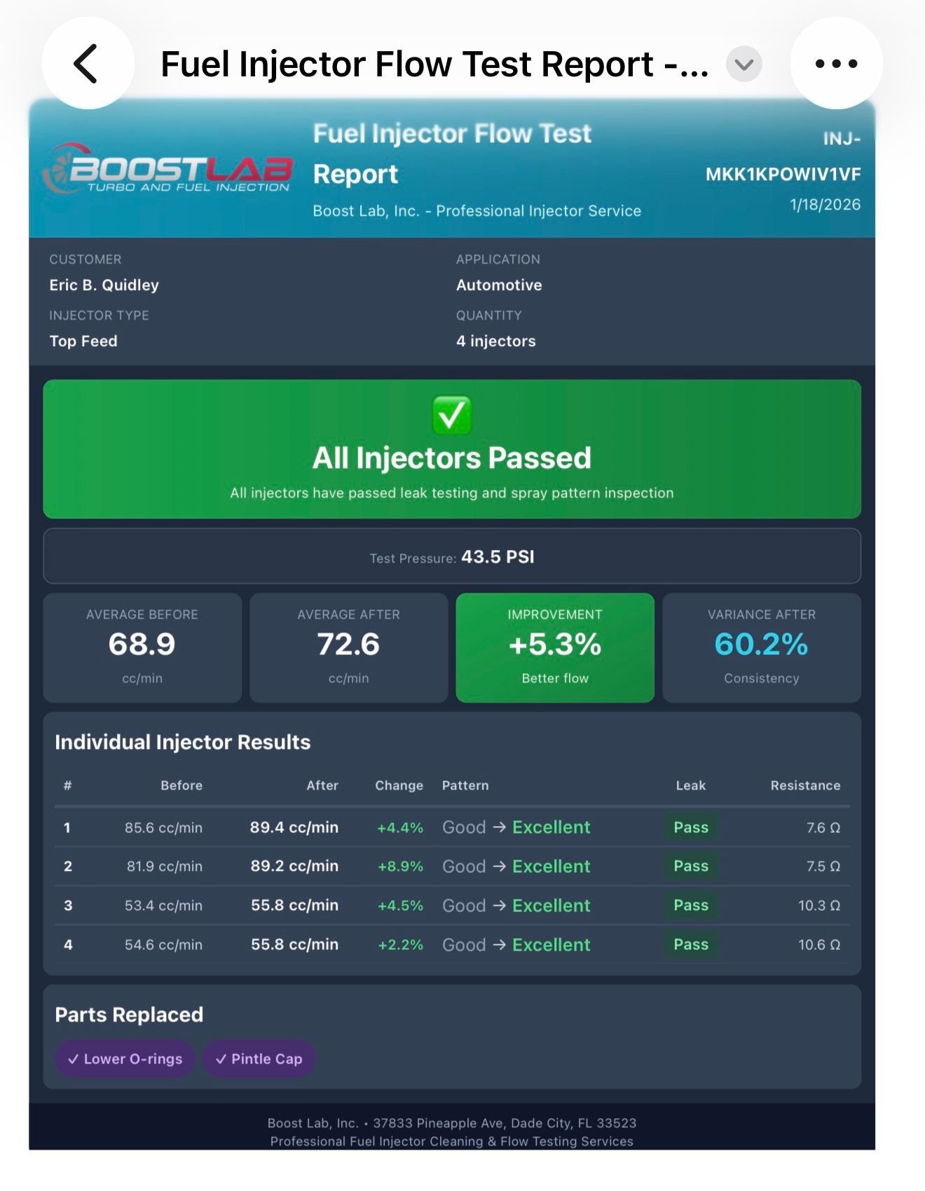 For those that are interested, I sent the injectors off and received this report from Boost Lab. I am actually impressed the injectors performed so well, given their age. Plus, it is peace of mind to know they do not leak and deliver the fuel I need for my application. I should get them back in the mail next week and be able to start putting it all back together. While the car is apart, I will also start on the simplified sequential journey to simplify as much as I can.