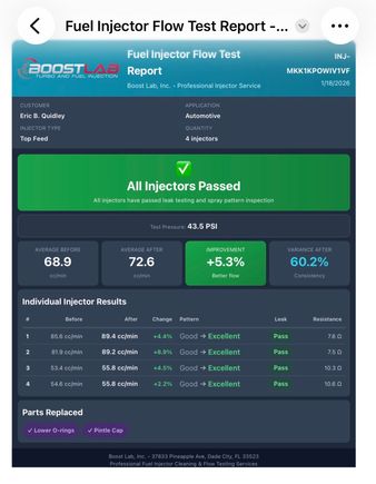 For those that are interested, I sent the injectors off and received this report from Boost Lab. I am actually impressed the injectors performed so well, given their age. Plus, it is peace of mind to know they do not leak and deliver the fuel I need for my application. I should get them back in the mail next week and be able to start putting it all back together. While the car is apart, I will also start on the simplified sequential journey to simplify as much as I can.