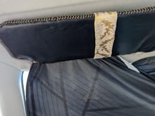 Re-upholstered & modded the sun visor; I added the strap to have so I can still shove things up there (because I'm that type of person.) I still did the stitching, because I still don't have a sewing machine, so hand stitching was my only choice.