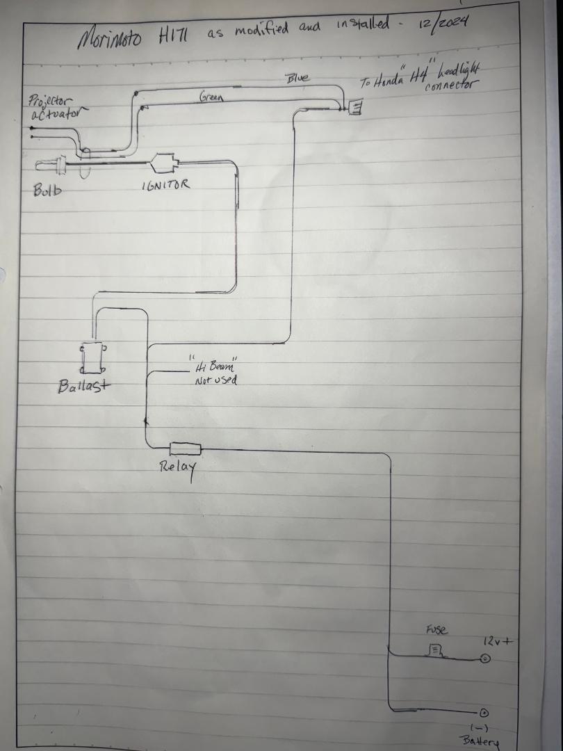 Here is a basic diagram showing how I ended up wiring the Morimoto harness.