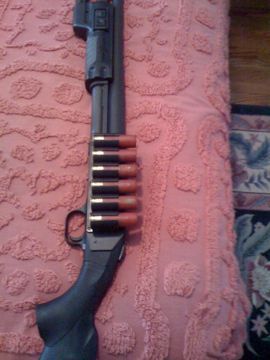I made some modifications to my father's Mossberg... I added an ammo rack to the receiver, an a surefire fore-end.