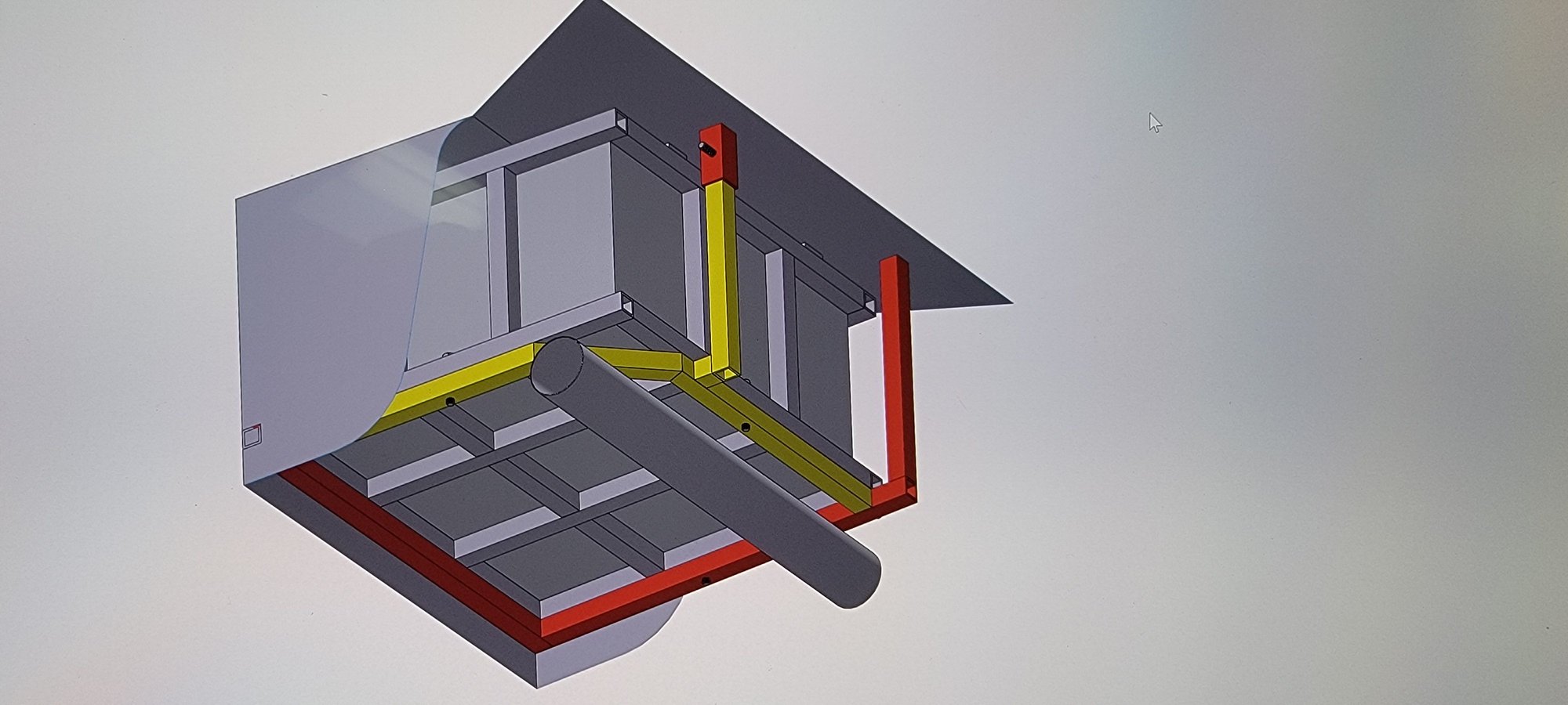 CAD model of cell frame with some car panels and exhaust pipe to design in clearance. 