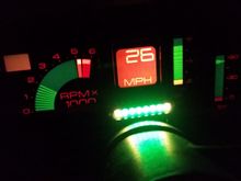 Partially lit up at night (I set the shift rpm to something liow to gt it to show more lights at a lower rpm than normal, the leds go to orange then red, matching the atari dash and then they all flash when you it the shift point)