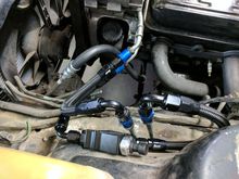Feed and return lines plumbed in with -6 AN Summit fittings and hose to accommodate the FAST fuel pressure sensor.
