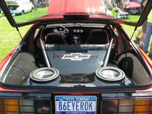 custom fiberglass box and amp rack with chevy bowtie