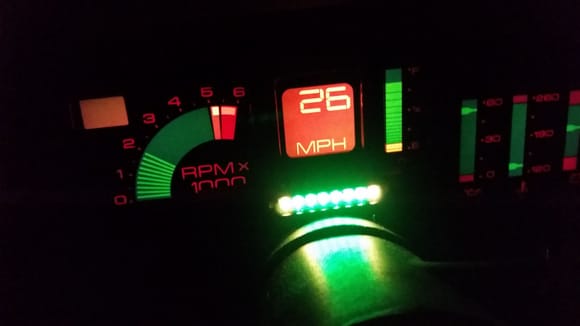 Partially lit up at night (I set the shift rpm to something liow to gt it to show more lights at a lower rpm than normal, the leds go to orange then red, matching the atari dash and then they all flash when you it the shift point)
