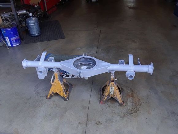 The Quick Performance fabricated housing with BMR weld on sway brackets installed and a coat of primer.