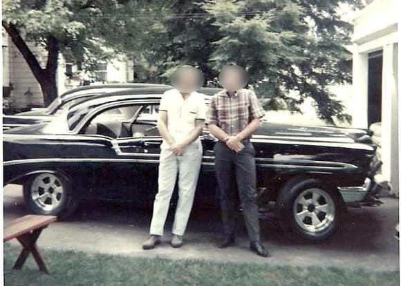E/MP '56 Chevy co-owned with my brother, in 1966. 331 CI, Crane roller, 2x4 AFBs. My '57 in the background, before I painted it silver.