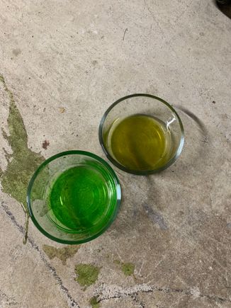 Yikes on bikes! Scrapping this car asap. (Kidding…)

The coolant on the left is straight from the bottle and the coolant on the right was taken from the radiator using a syringe. Note that the coolant on the right is no more than a week old… 