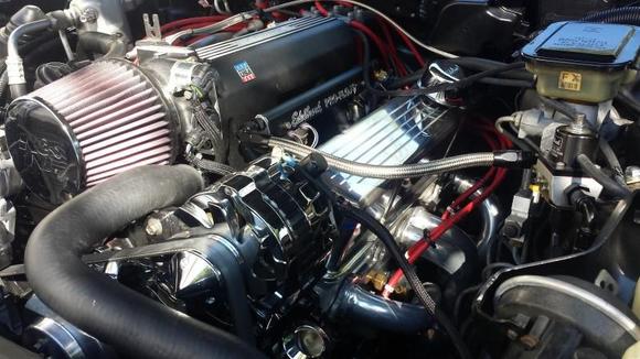 Ceramic headers, chrome ps pump, chrome alternator, msd wires, kn filers, edlebrock billet rails, injectors, and fuel pressure regulator.