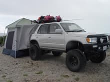Tent that attaches to truck to withstand the relentless Baja winds.