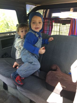 Kids in the truck on the first camping trip to Astoria